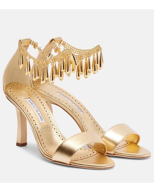 Manolo Blahnik Metallic Nicusan 90 Embellished Leather Sandals