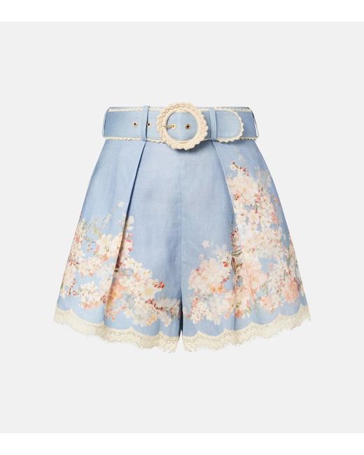 Zimmermann Blue Floral-Print Belted Shorts