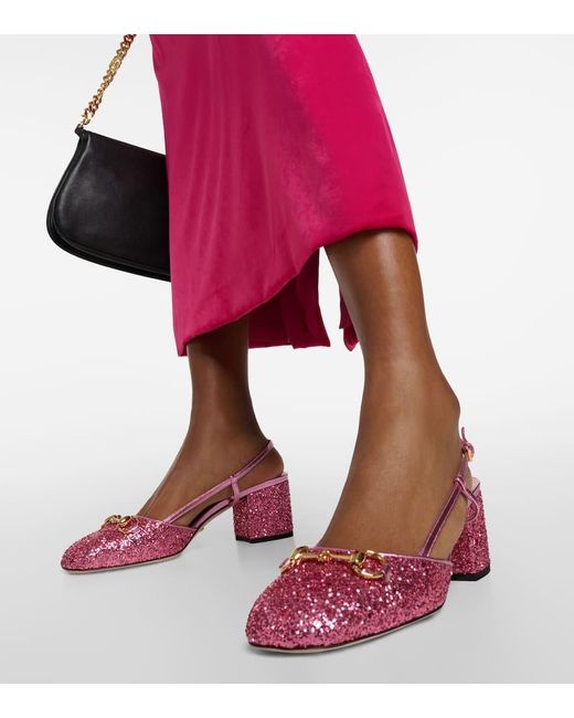 Salones destalonados Lady Horsebit con glitter Gucci de color Pink
