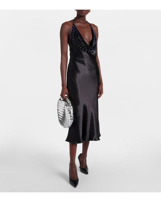 Bottega Veneta Black Beaded Satin Midi Dress