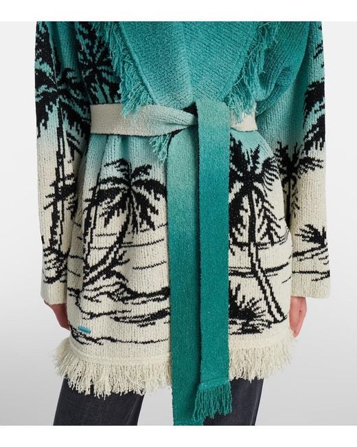 Alanui Green Wave Bloom Fringed Cotton-Blend Jacquard Cardigan
