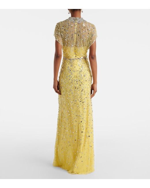 Jenny Packham Yellow Crystal Drop Beaded Gown