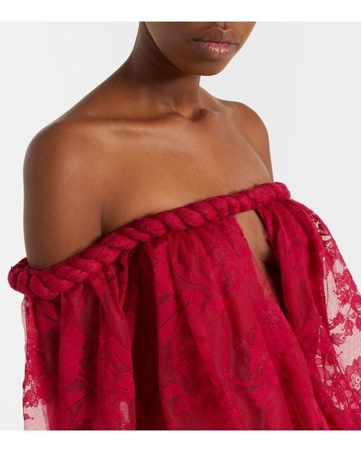 Zimmermann Red Luna Off-Shoulder Floral Lace Gown