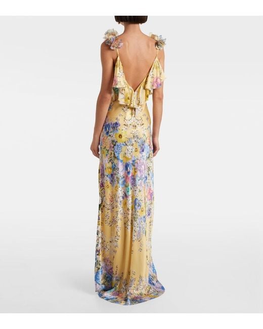 Camilla Metallic Embellished Floral Ruffled Silk Satin Maxi Dress