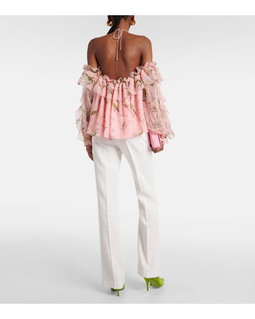 Carolina Herrera Pink Floral Halterneck Silk Blouse