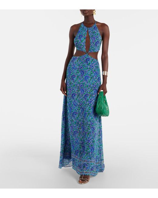 Rixo Blue Lenny Printed Cutout Maxi Dress