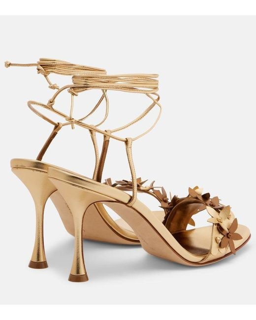 Manolo Blahnik Metallic Anista Floral-Applique Leather Sandals