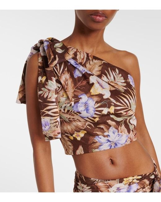 Zimmermann Brown Coco Floral One-Shoulder Cotton Top