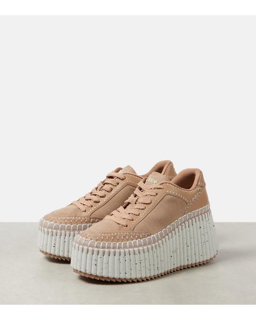 Chloé Natural Nama 80 Suede And Leather Wedge Sneakers