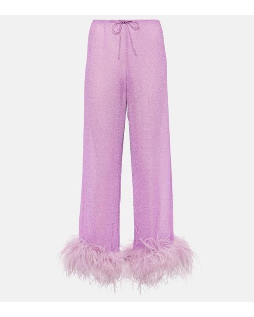 Oseree Pink Lumiere Plumage Feather-Trimmed Pants