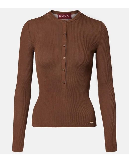 Gucci Brown Ribbed-Knit Cotton Henley Shirt