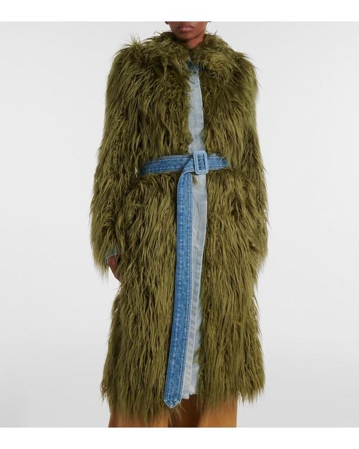 Dries Van Noten Green Rangel Faux Fur-Trimmed Denim Coat