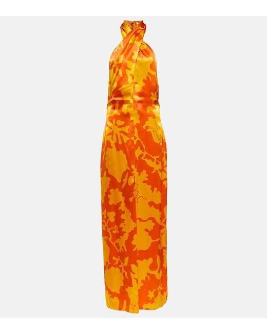 Vestido Largo De Seda Estampado Sir de color Orange