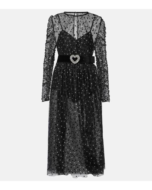 Rebecca Vallance Black Whitney Belted Metallic Polka-Dot Flocked Tulle Dress