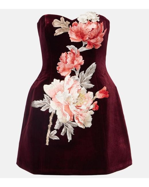 LEO LIN Red Rosario Floral-Applique Velvet Minidress