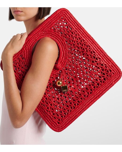 Jacquemus Red Spiaggia Small Raffia Top-Handle Bag
