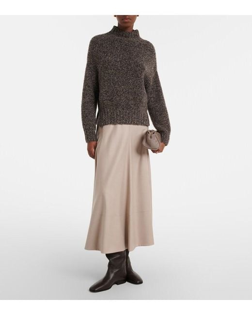 Agnona Natural Leather-Trimmed Wool Flannel Midi Skirt