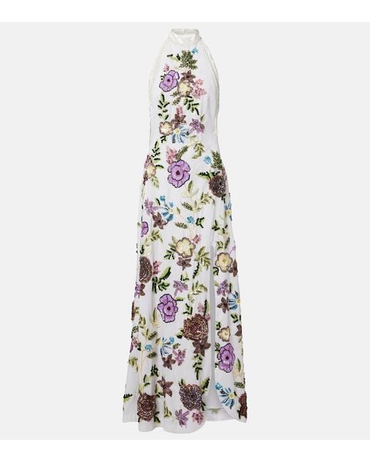 La Fuori White Luminous Flounce Embellished Floral Gown