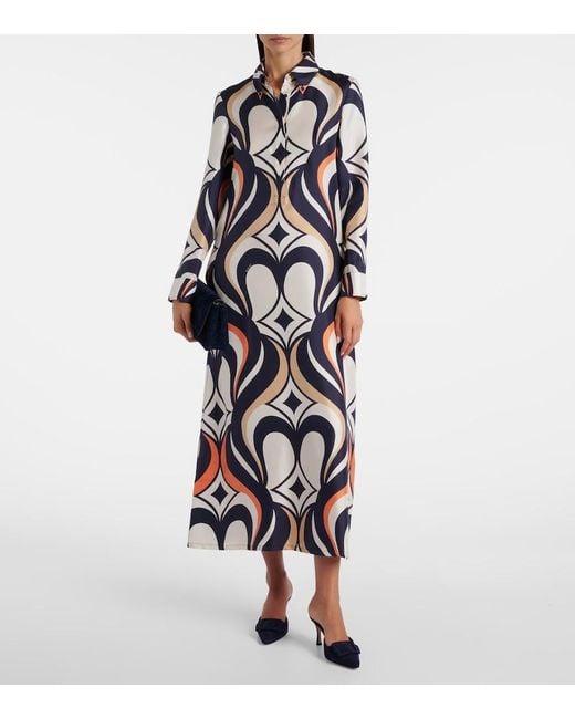 LaDoubleJ White Chemise Swing Printed Silk Shirt Dress