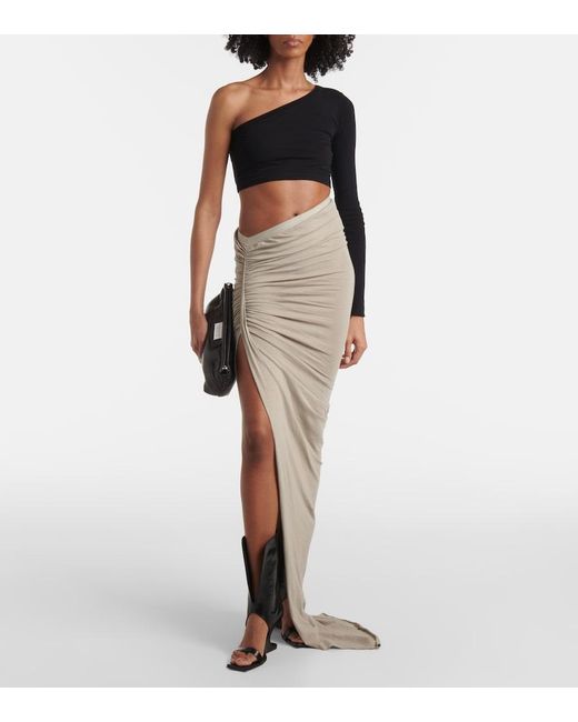Rick Owens White Ruched Cotton Jersey Maxi Skirt
