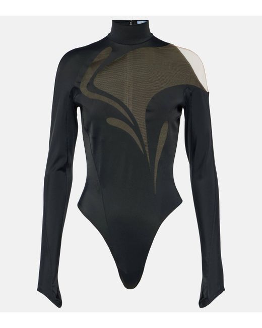 Mugler Black Swirly Mesh-paneled Bodysuit