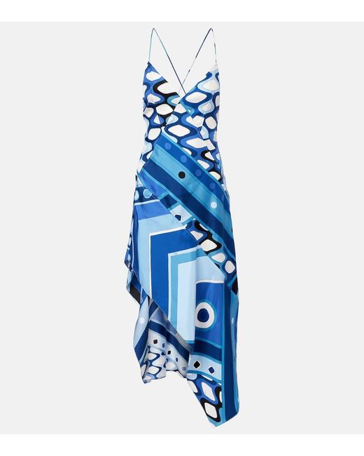 PUCCI Women's Blue Printed Asymmetric Silk Satin Midi Dress