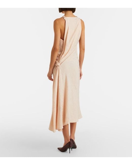 Victoria Beckham Natural Asymmetric Draped Floral Satin Midi Dress