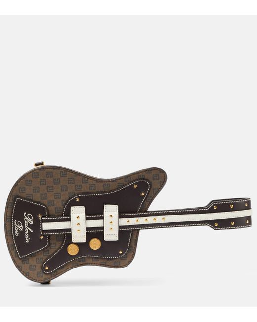 Balmain Brown Guitar Monogram Leather-trimmed Clutch
