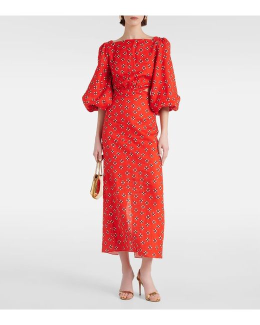 Johanna Ortiz Red Printed Linen Midi Dress