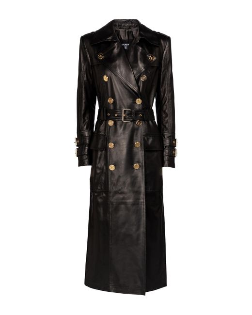 Balmain Leather Trench Coat in Black | Lyst