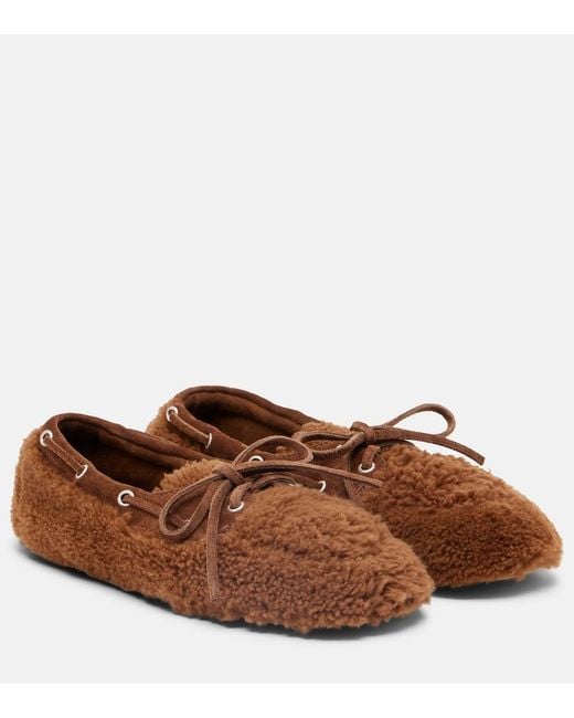 Miu Miu Brown Suede-Trimmed Shearling Boat Shoes