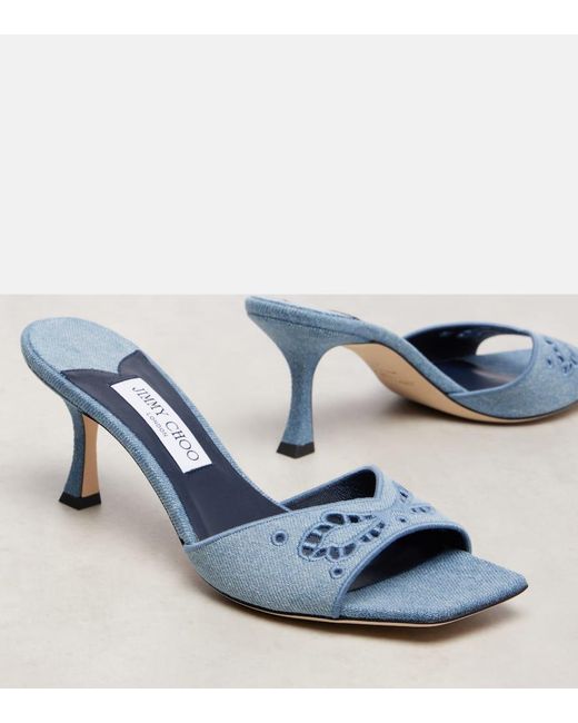 Jimmy Choo Blue Bestickte Pantoletten Skye 70 Aus Denim