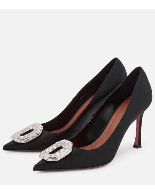 AMINA MUADDI Black Camelia Satin Pumps
