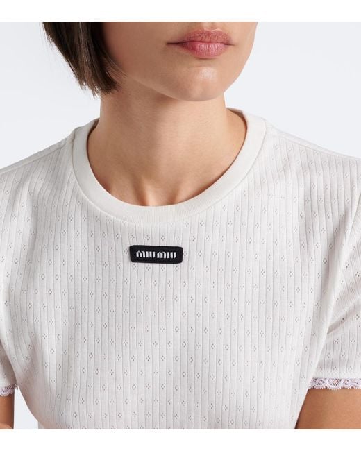 Miu Miu White Pointelle Cotton T-Shirt