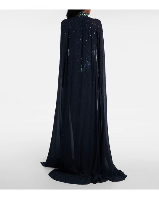 Jenny Packham Blue Thea Caped Sequined Gown