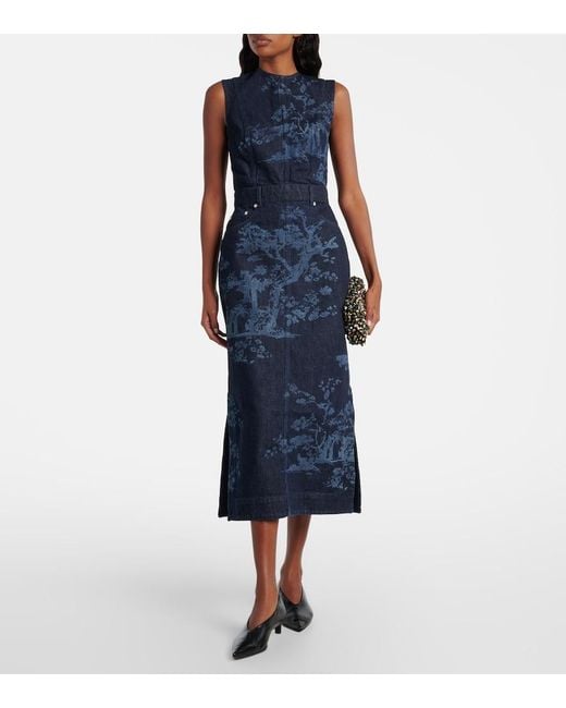 Erdem Blue Printed Cotton Denim Pencil Dress