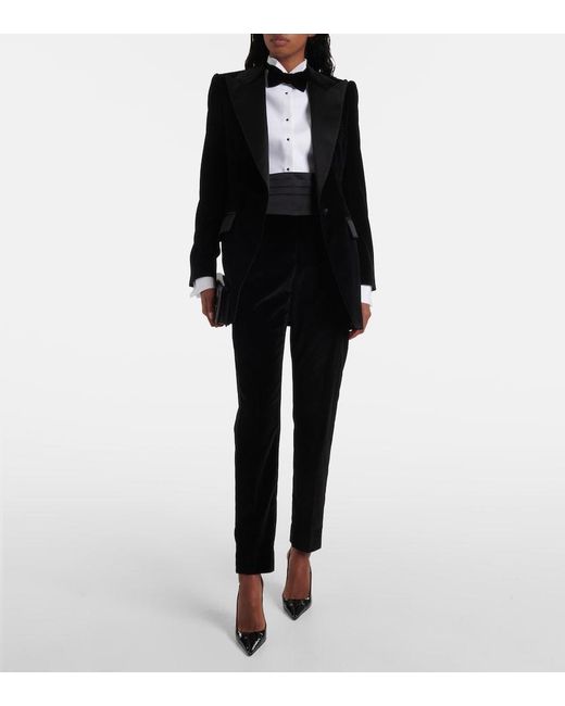 Dolce & Gabbana Black High-Rise Cotton-Blend Velvet Tuxedo Pants