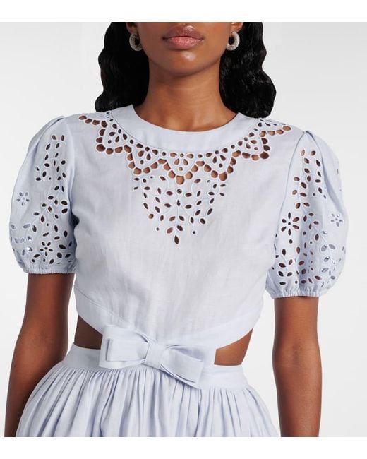 Self-Portrait Blue Embroidered Bow-Detail Cutout Minidress