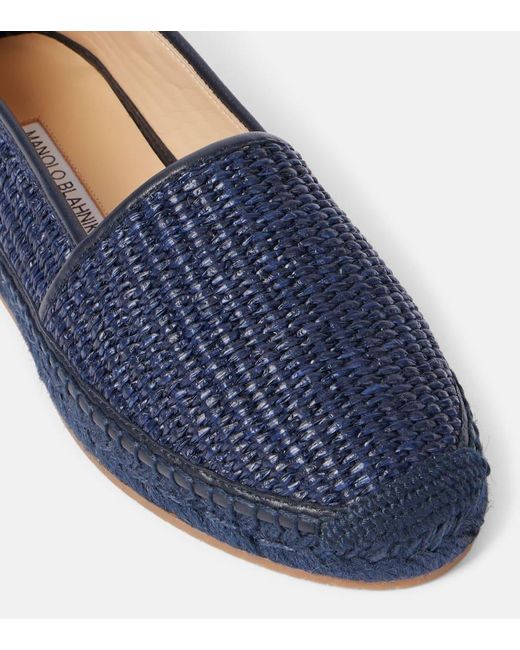 Manolo Blahnik Blue Espadra Leather-Trimmed Raffia Espadrilles