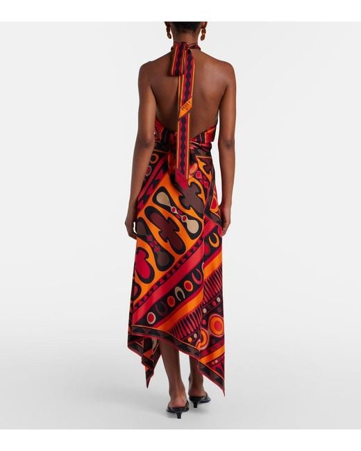 Emilio Pucci Red Soleil Asymmetric Silk Twill Midi Skirt