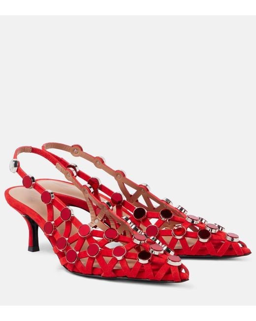 The Attico Red Grid 50 Embellished Leather Slingback Pumps
