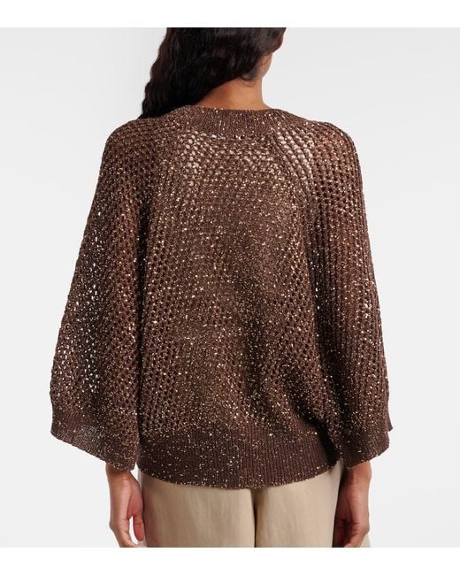 Brunello Cucinelli Brown Open-Knit Sequined Cardigan