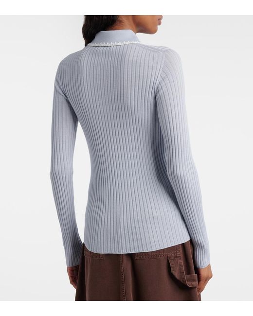 Moncler Blue Ribbed-Knit Virgin Wool Polo Sweater