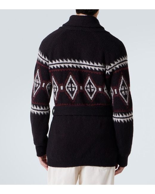 Brunello Cucinelli Black Jacquard Wool, Silk, And Cashmere Cardigan for men
