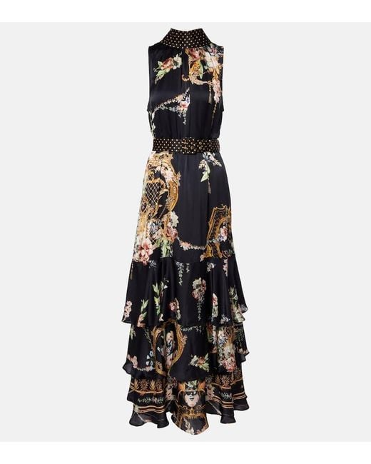 CAMILLA Women's Black Belted Floral Tiered Silk Maxi Dress