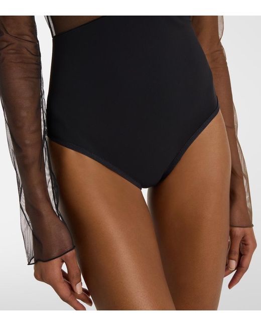 Nensi Dojaka Black Cutout Ruched Sheer Bodysuit