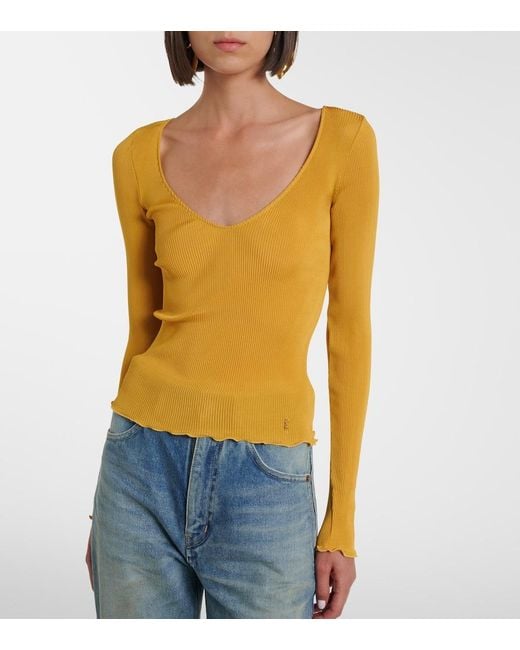 Saint Laurent Yellow Ribbed-Knit Silk Top