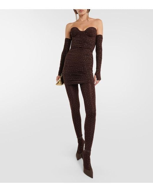 Alex Perry Brown Koda Minikleid Aus Gerafftem Stretch-Jersey Mit Kristallen Und Einem Paar Handschuhe