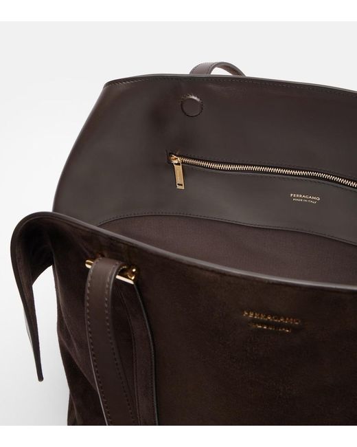 Ferragamo Brown Scarf Large Suede Tote Bag