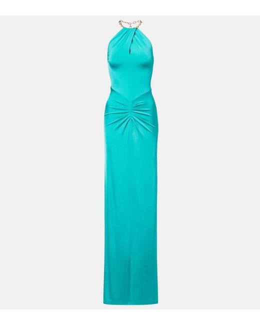 Carolina Herrera Blue Halterneck Ruched Jersey Gown